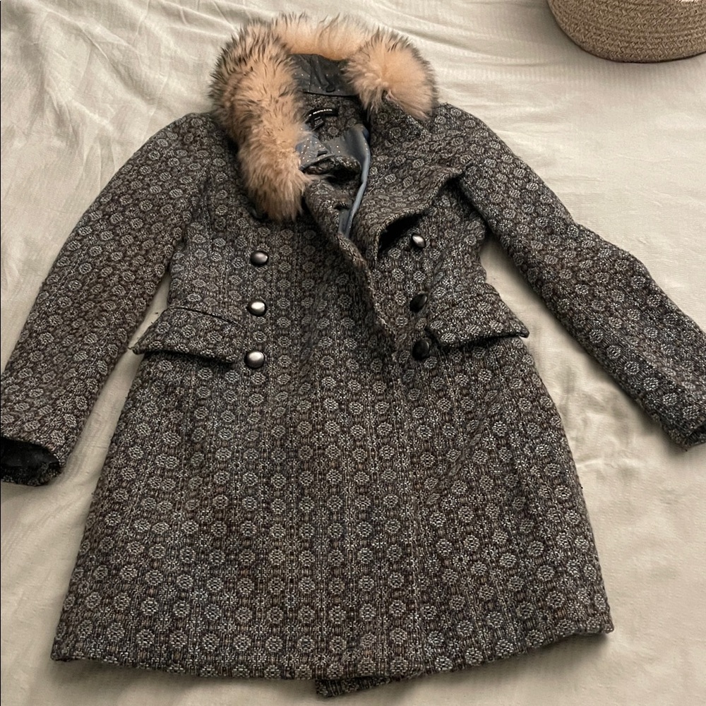 Club Monaco Patterned Pea Coat with Faux Fur Collar